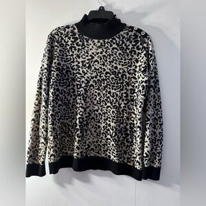 Calvin Klein Womens Large Animal Print Mock Neck Button Shoulder Long Sleeve Top